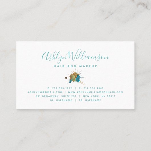 Moderne waterverf goudturquoise oranje splatter visitekaartje (Achterkant)