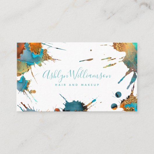 Moderne waterverf goudturquoise oranje splatter visitekaartje (Voorkant)
