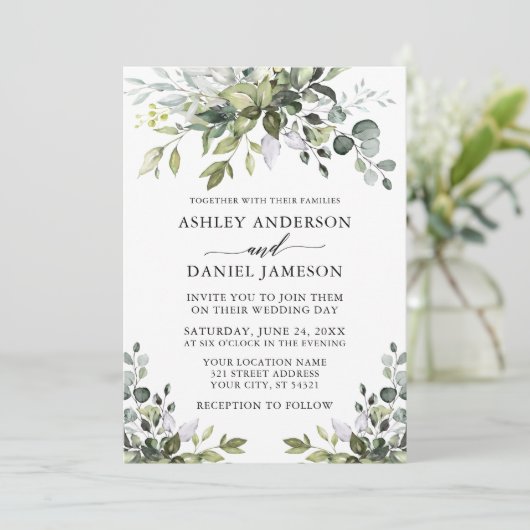 Moderne Waterverf Greenery Calligraphy Wedding Kaart (Staand voorkant)