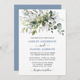 Moderne Waterverf Greenery Dusty Blue Wedding Kaart