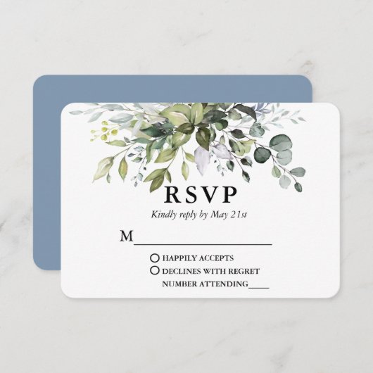 Moderne Waterverf Greenery Dusty Blue Wedding RSVP Kaartje (Voorkant / Achterkant)