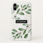 Moderne Waterverf Greenery en Gold Case-Mate iPhone Case<br><div class="desc">Deze trendy en stijlvolle hoesje is voorzien van botanische waterverf groene bladeren,  met faux goudaccenten. Er is een modern zwart lijst in het midden,  met jouw naam of monogram in wit. Een modieus en elegant ontwerp.</div>