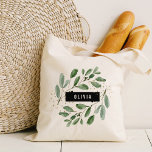 Moderne Waterverf Greenery en Gold | Gepersonalise Tote Bag<br><div class="desc">Deze trendy en stijlvolle canvas tas is voorzien van botanische waterverf groene bladeren,  met faux goudaccenten. Er is een modern zwart lijst in het midden van het ontwerp,  met jouw naam of monogram in wit. Een modieuze en elegante look die ook perfect is voor je trouwbruidfeest of bruidsmeisje.</div>
