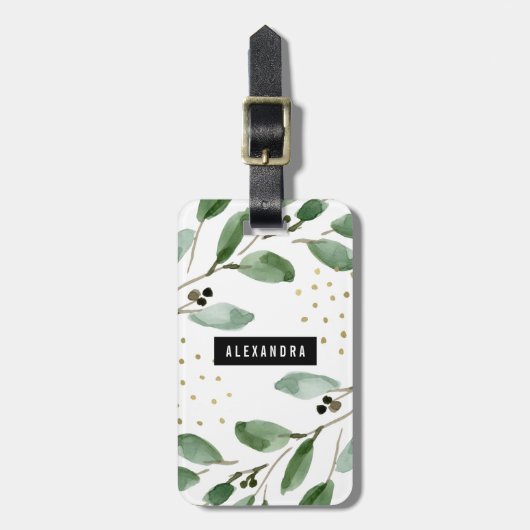 Moderne Waterverf Greenery en Gold | Monogram Bagagelabel (Voorkant verticaal)