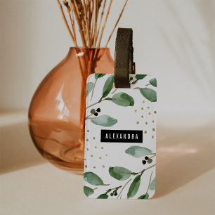 Moderne Waterverf Greenery en Gold   Monogram Bagagelabel