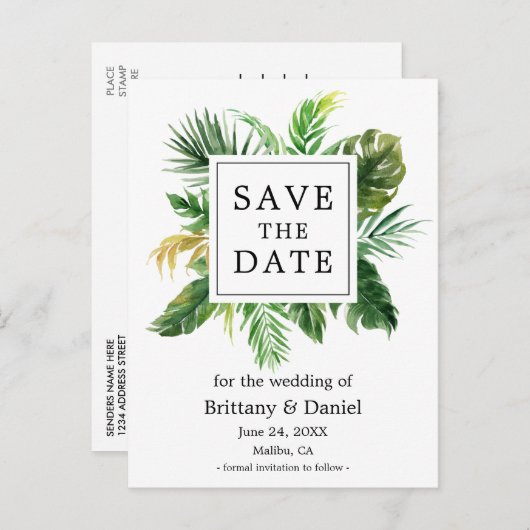 Moderne Waterverf Greenery Floral Bewaar de datum Aankondigingskaart (Voorkant / Achterkant)