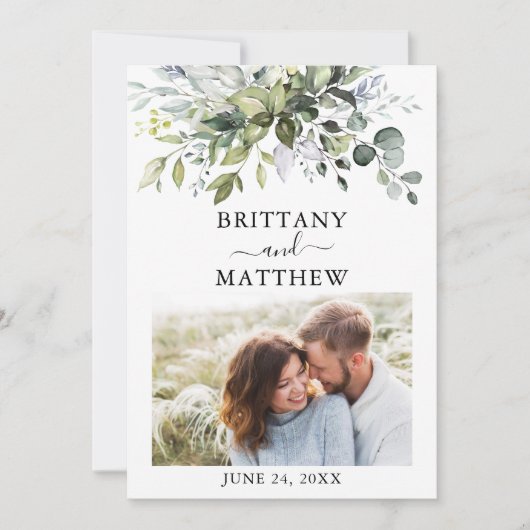 Moderne Waterverf Greenery Foto Dusty Blue Save The Date (Voorkant)