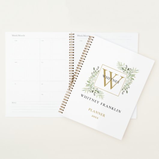 Moderne Waterverf Greenery Gold Monogram 2023 Planner (Display)