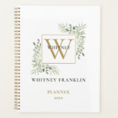 Moderne Waterverf Greenery Gold Monogram 2023 Planner (Voorkant)