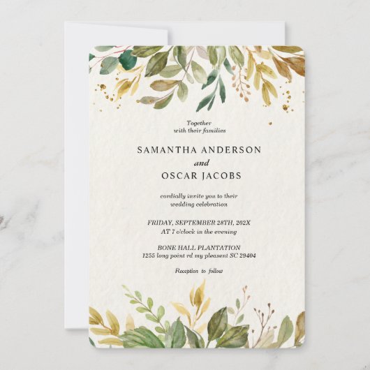 Moderne Waterverf Greenery Leaf & Gold Drups Kaart (Voorkant)