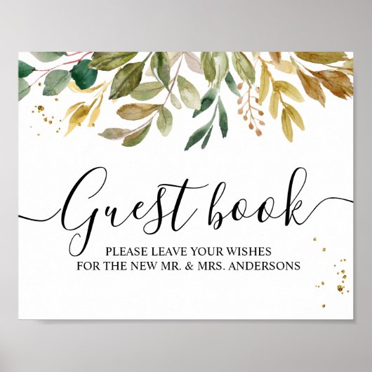 Moderne Waterverf Greenery Leaf & Gold Drups Poster (Voorkant)