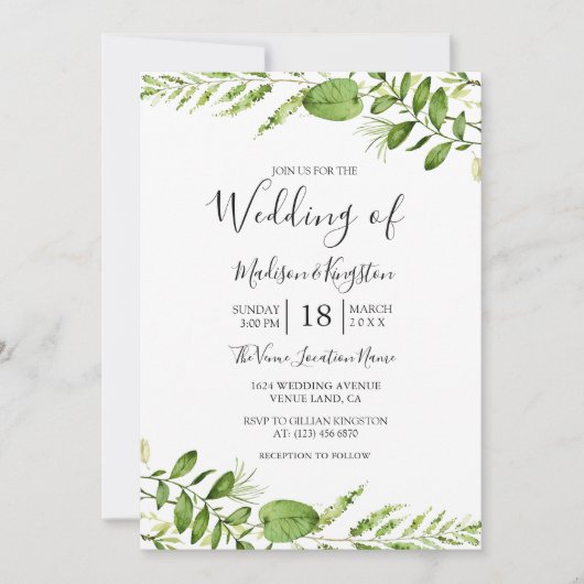 Moderne Waterverf Greenery Leaf Wedding Invite Kaart (Voorkant)