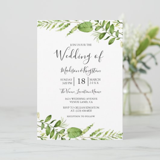 Moderne Waterverf Greenery Leaf Wedding Invite Kaart (Staand voorkant)
