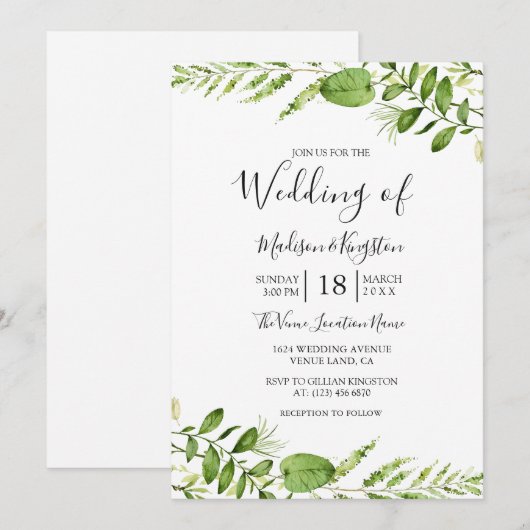 Moderne Waterverf Greenery Leaf Wedding Invite Kaart (Voorkant / Achterkant)