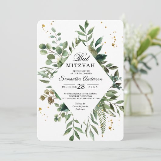 Moderne Waterverf Greenery Lijst & Gold Stippen Kaart (Staand voorkant)