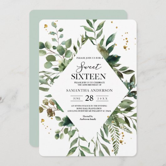 Moderne Waterverf Greenery Lijst & Gold Stippen Kaart (Voorkant / Achterkant)