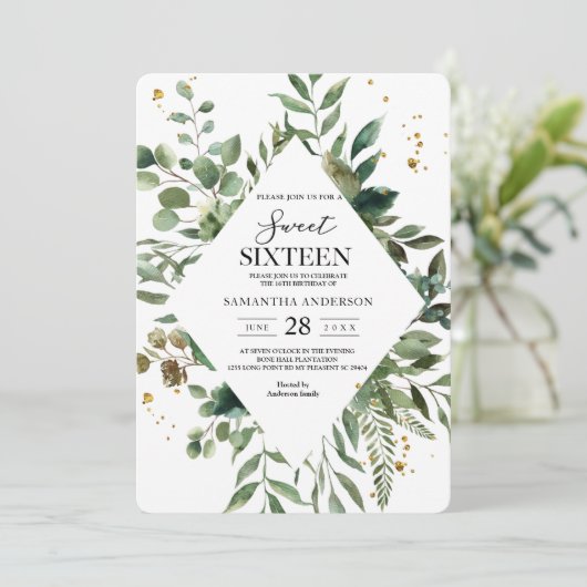 Moderne Waterverf Greenery Lijst & Gold Stippen Kaart (Staand voorkant)