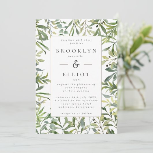 Moderne Waterverf Greenery Lijst Wedding Kaart (Staand voorkant)