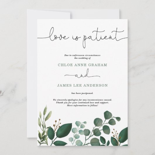 Moderne Waterverf Greenery Love is Patient Wedding Kaart (Voorkant)