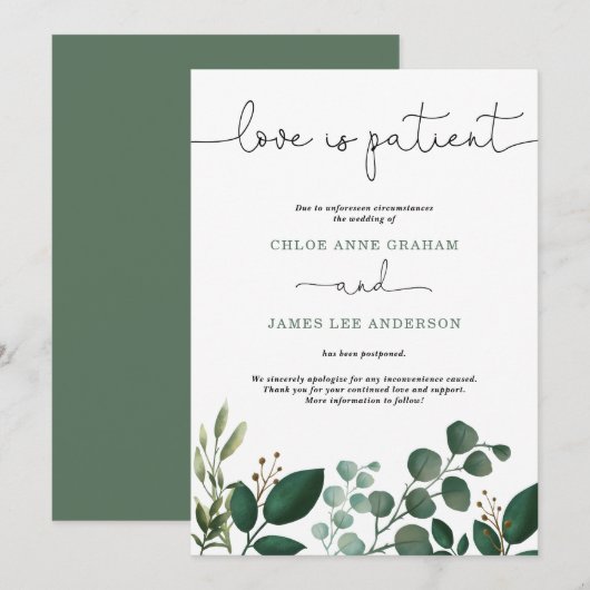 Moderne Waterverf Greenery Love is Patient Wedding Kaart (Voorkant / Achterkant)