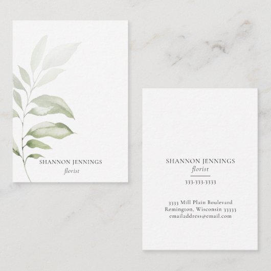 Moderne Waterverf Greenery Minimal White Business Visitekaartje (Voorkant / Achterkant)