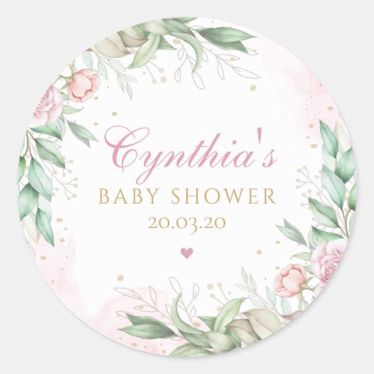 Moderne Waterverf Greenery Pink Floral Baby shower Ronde Sticker (Voorkant)