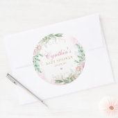 Moderne Waterverf Greenery Pink Floral Baby shower Ronde Sticker (Envelop)