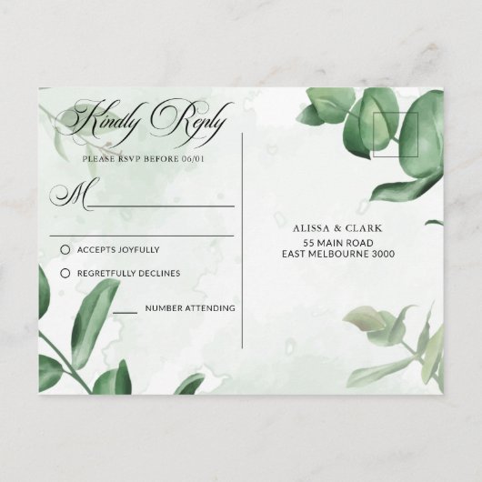 Moderne Waterverf Greenery RSVP Briefkaart (Achterkant)