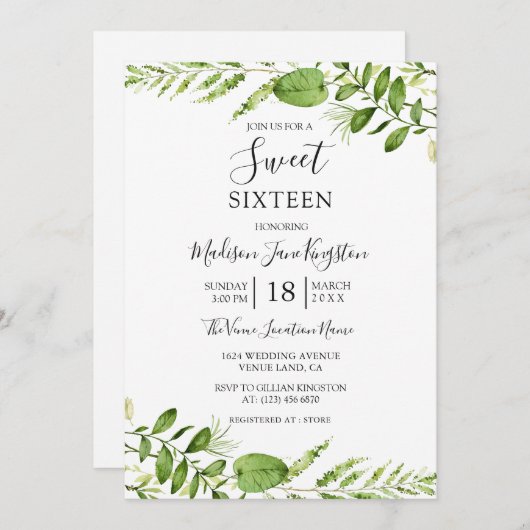 Moderne Waterverf Greenery Sweet 16 Uitnodiging (Voorkant / Achterkant)