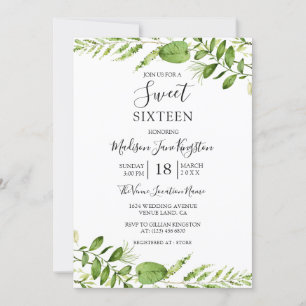 Moderne Waterverf Greenery Sweet 16 Uitnodiging