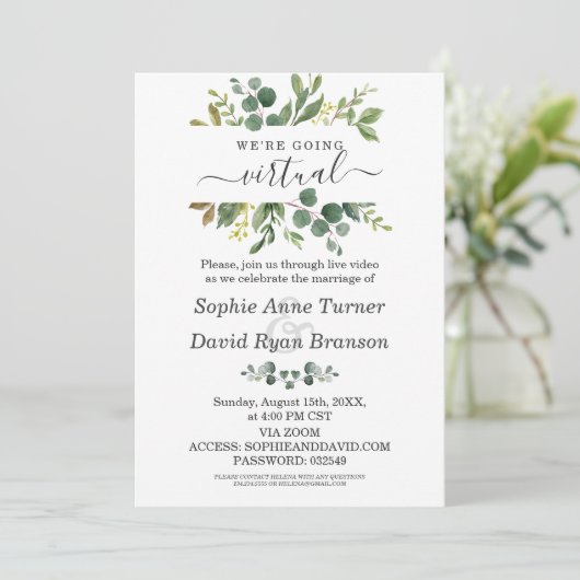 Moderne Waterverf Greenery Virtual Wedding Kaart (Staand voorkant)