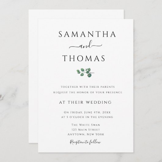 Moderne Waterverf Greenery Wedding Invitations Kaart (Voorkant / Achterkant)