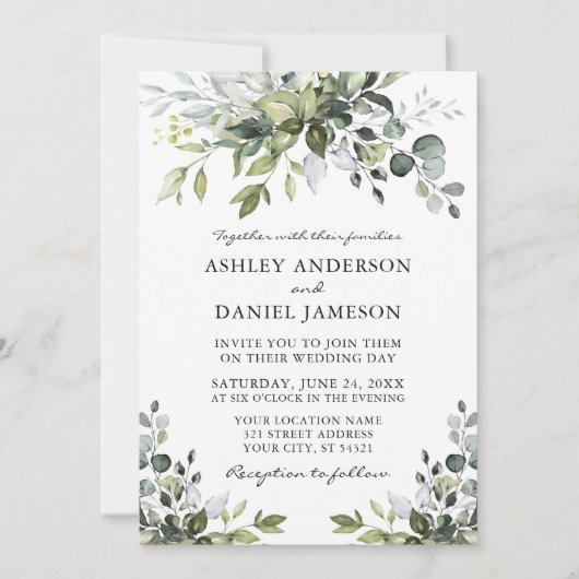 Moderne Waterverf Greenery Wedding Kaart (Voorkant)