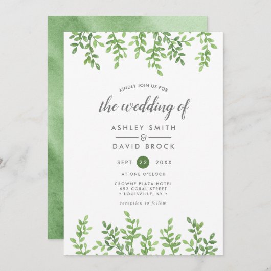 Moderne Waterverf Greenery Wedding Kaart (Voorkant / Achterkant)