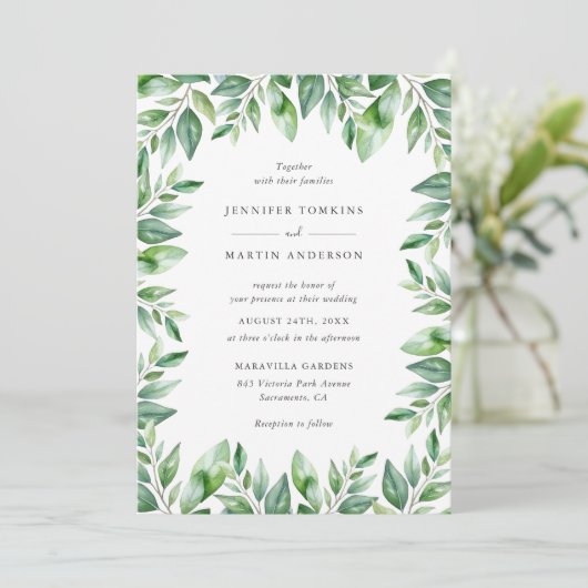 Moderne Waterverf Greenery Wedding Kaart (Staand voorkant)