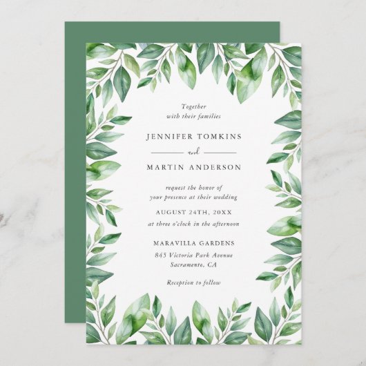 Moderne Waterverf Greenery Wedding Kaart (Voorkant / Achterkant)