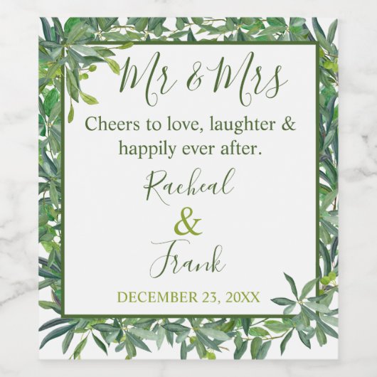 Moderne Waterverf Greenery Wedding Wijn Etiket (Enkel label)