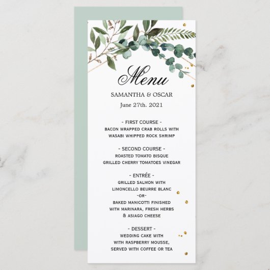 Moderne Waterverf Griekenland Eucalyptus Gold Lijs Menu (Voorkant / Achterkant)