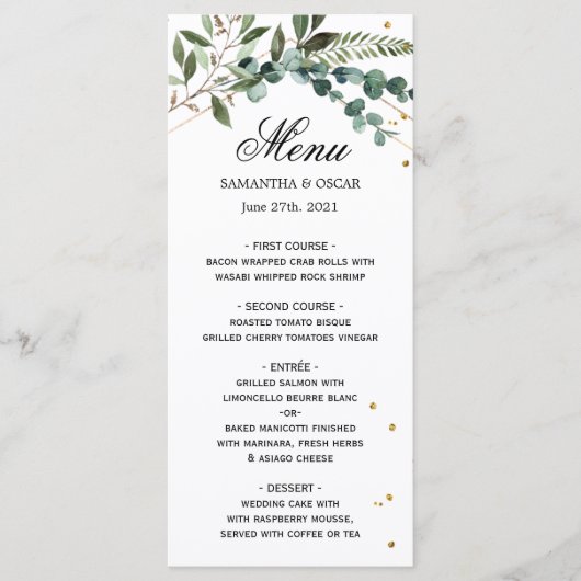 Moderne Waterverf Griekenland Eucalyptus Gold Lijs Menu (Voorkant)