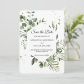Moderne Waterverf Griekenland Eucalyptus Green Lij Save The Date (Staand voorkant)