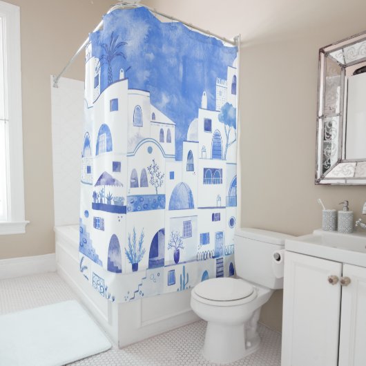 Moderne Waterverf - Grieks eiland Santorini Douchegordijn (In situ)