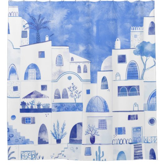 Moderne Waterverf - Grieks eiland Santorini Douchegordijn (Voorkant)