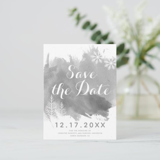 Moderne waterverf grijze bruiloft Bewaar de datum Aankondigingskaart (Staand voorkant)