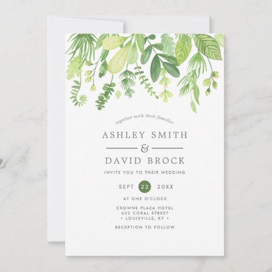 Moderne Waterverf groen botanische bruiloft Kaart (Voorkant)