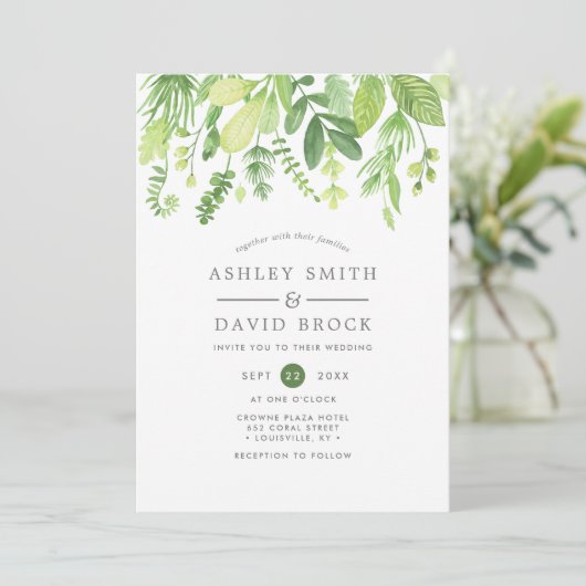 Moderne Waterverf groen botanische bruiloft Kaart (Staand voorkant)
