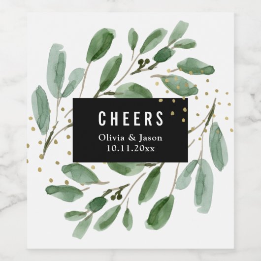 Moderne Waterverf groen en goud | Proost Wijn Etiket (Enkel label)