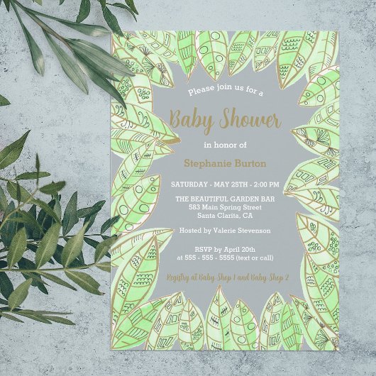 Moderne Waterverf Groen Goud Bladeren Baby shower Kaart
