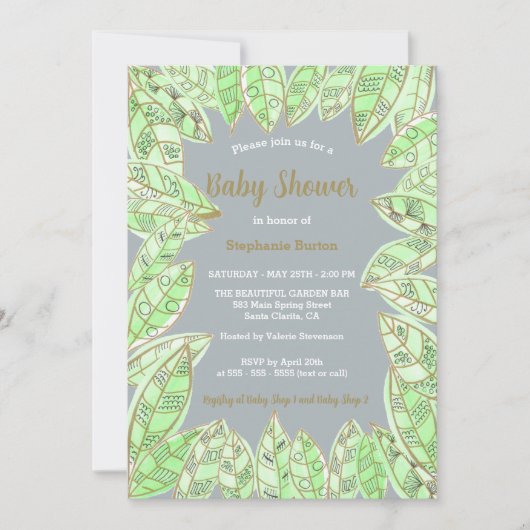 Moderne Waterverf Groen Goud Bladeren Baby shower Kaart (Voorkant)