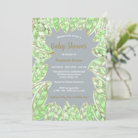 Moderne Waterverf Groen Goud Bladeren Baby shower Kaart (Staand voorkant)