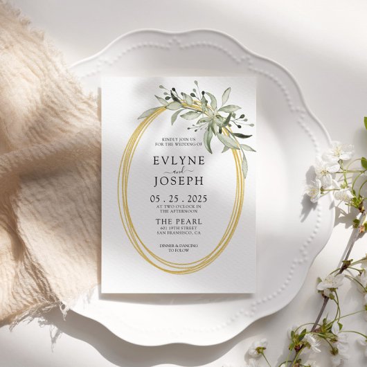 Moderne Waterverf Groen Goud Eucalyptus Bruiloft Kaart